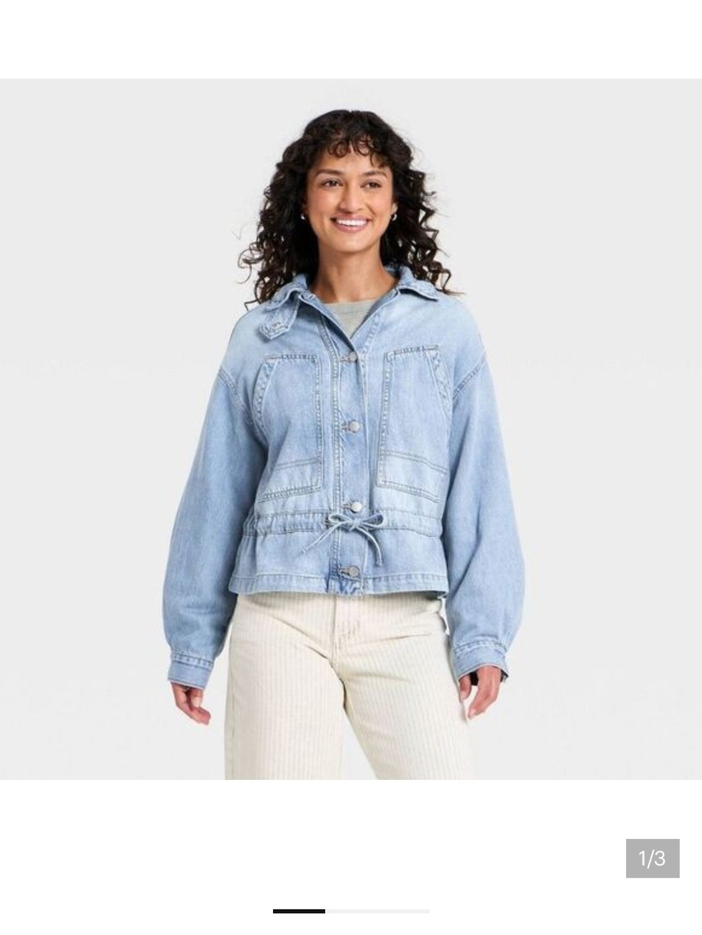 Universal Thread Light Wash Denim Drawstring Cinch Waist Stand Up Collar Jacket